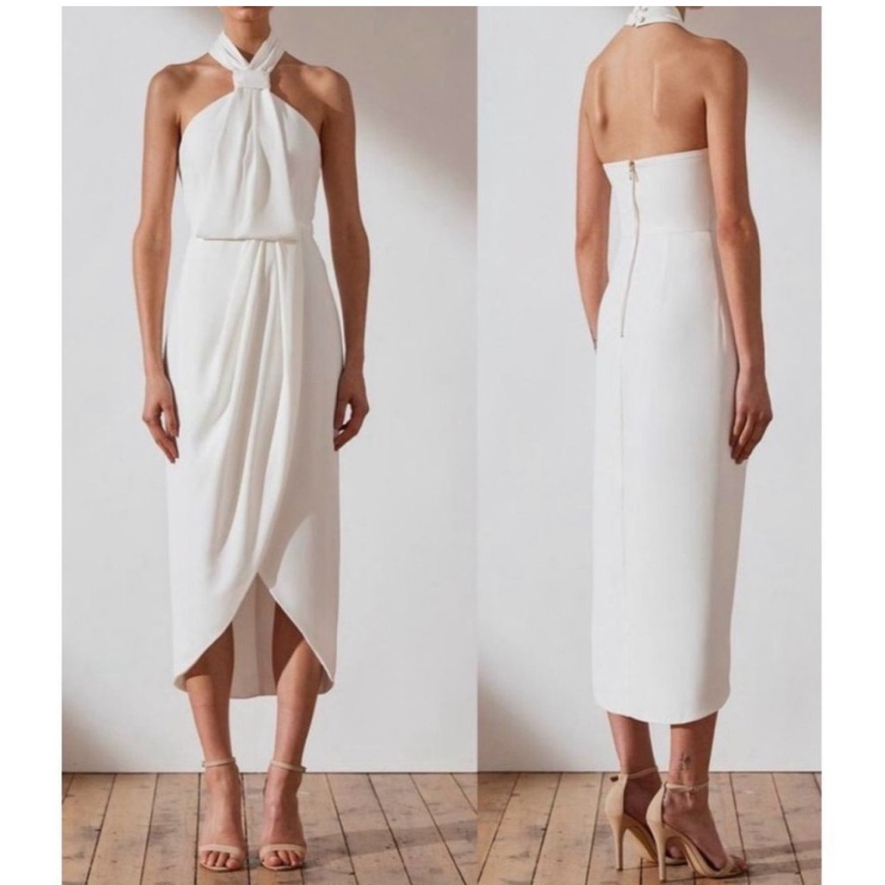 Shona Joy Core Knot Draped Halter Midi Dress Women’s 2 Bridal Neutral Ivory NWT